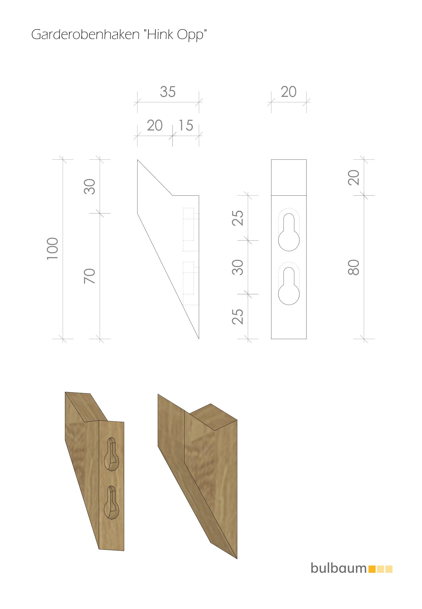 3er Set Garderobenhaken aus Eiche "Hink Opp"