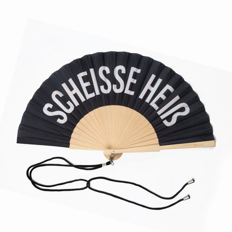 fächer schwarz mit weißer aufschrift
