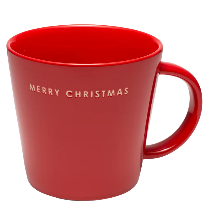 rote tasse mit merry christmas aufschrift 